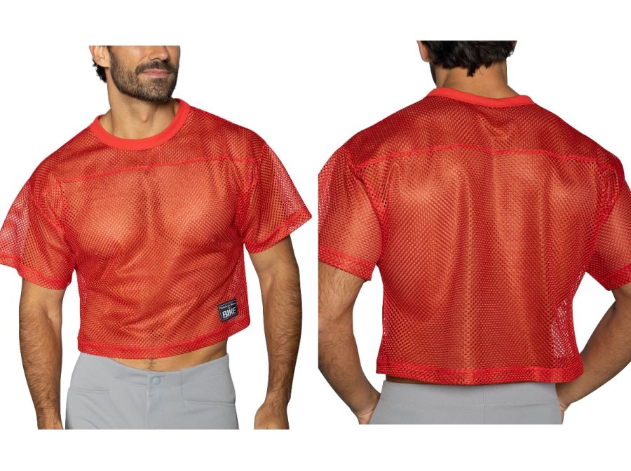 Bike athletic bam134 bright red short sleeve mesh football jersey with cropped hem for practice use