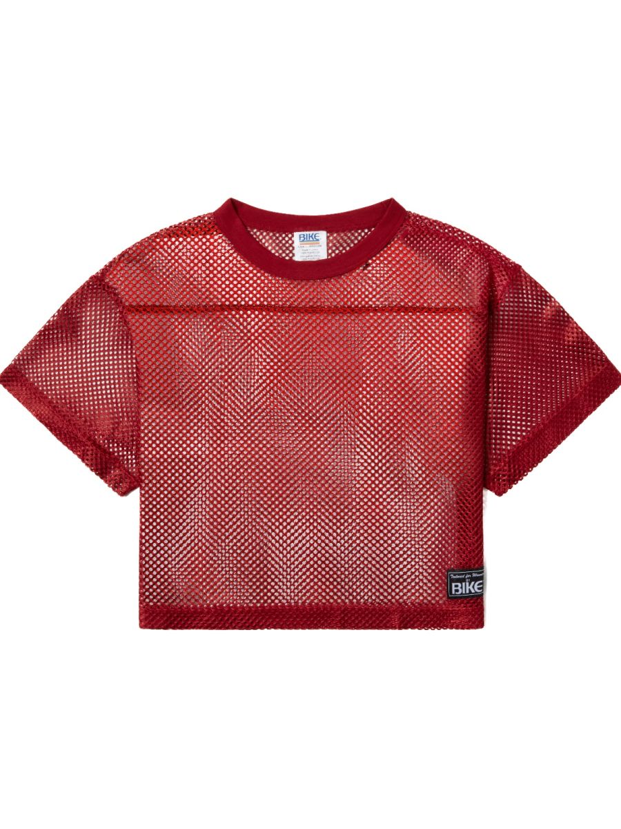 Red mesh crop top with ribbed crew neckline short sleeves and black bike patch bright red bike athletic bam134 jersey