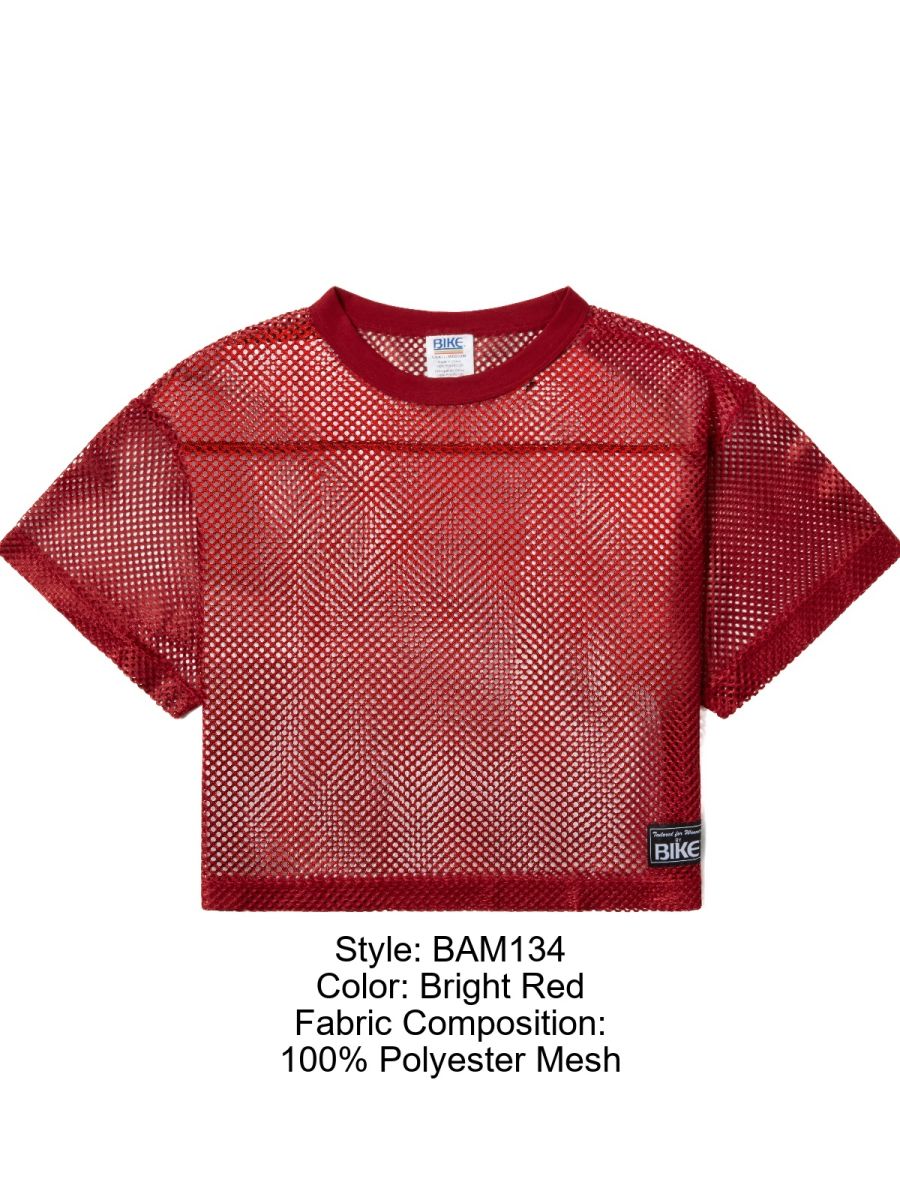 Bright red bike athletic bam134 short sleeve practice jersey made of 100% polyester mesh fabric cropped top