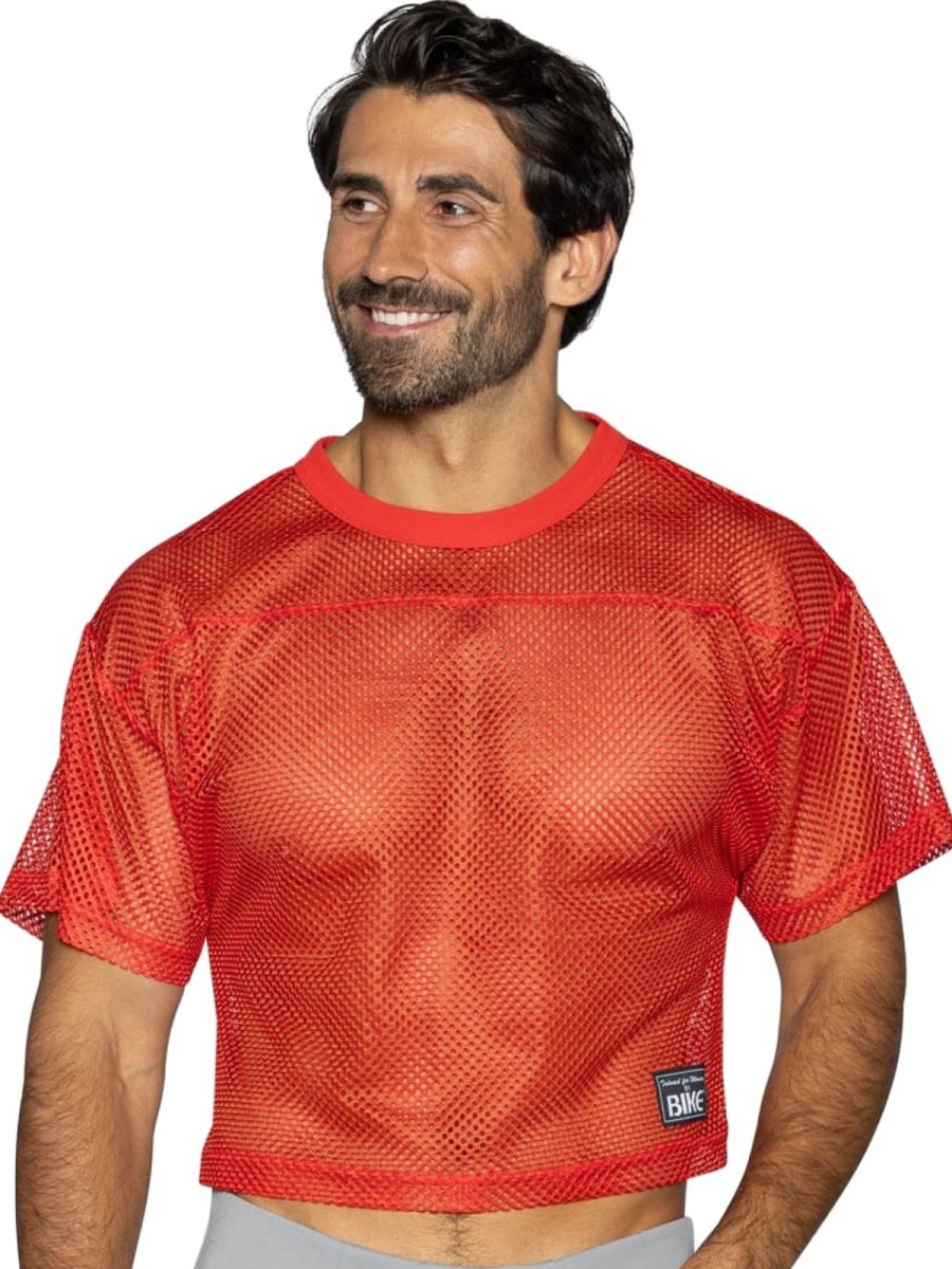Red mesh crop top with ribbed crew neckline short sleeves and black label bright red bike athletic practice jersey