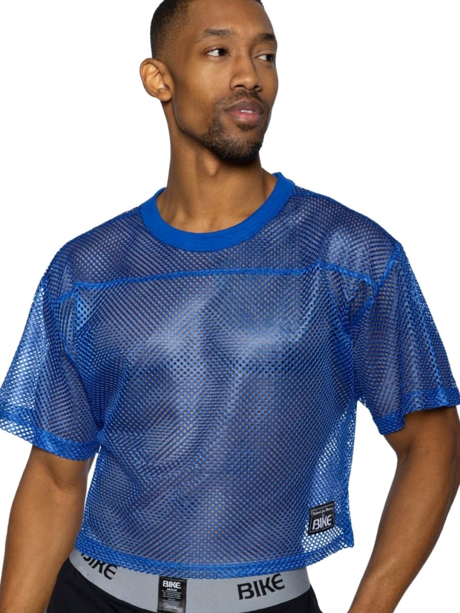 Blue mesh crop top bike athletic bam134 short sleeve practice jersey with solid ribbed neckline and hem royal color