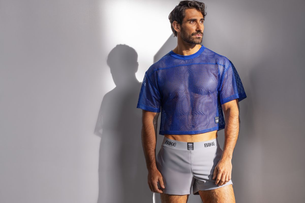 Bike athletic bam134 royal blue mesh crop top with short sleeves and round neckline for practice jersey use