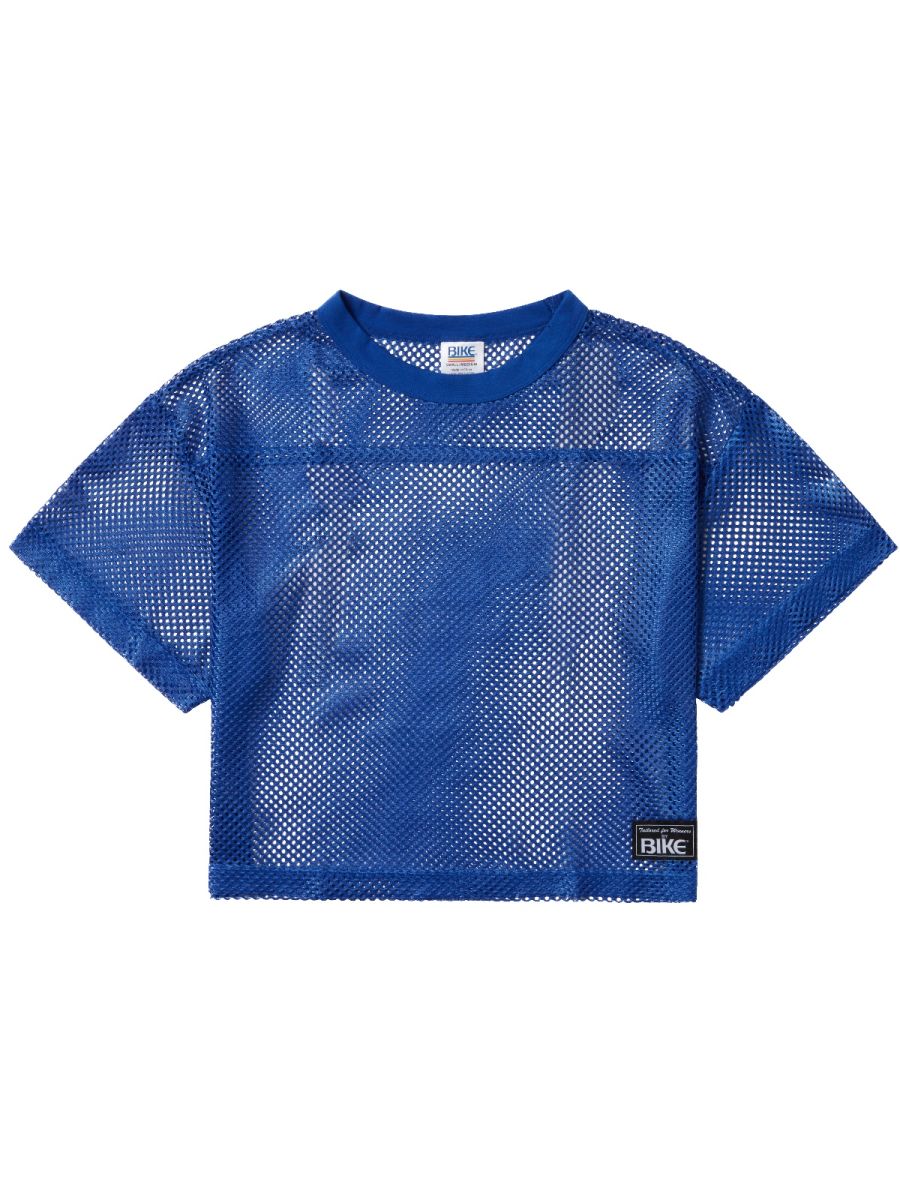 Blue mesh crop top with round neckline and short sleeves featuring black bike branding on collar and lower side