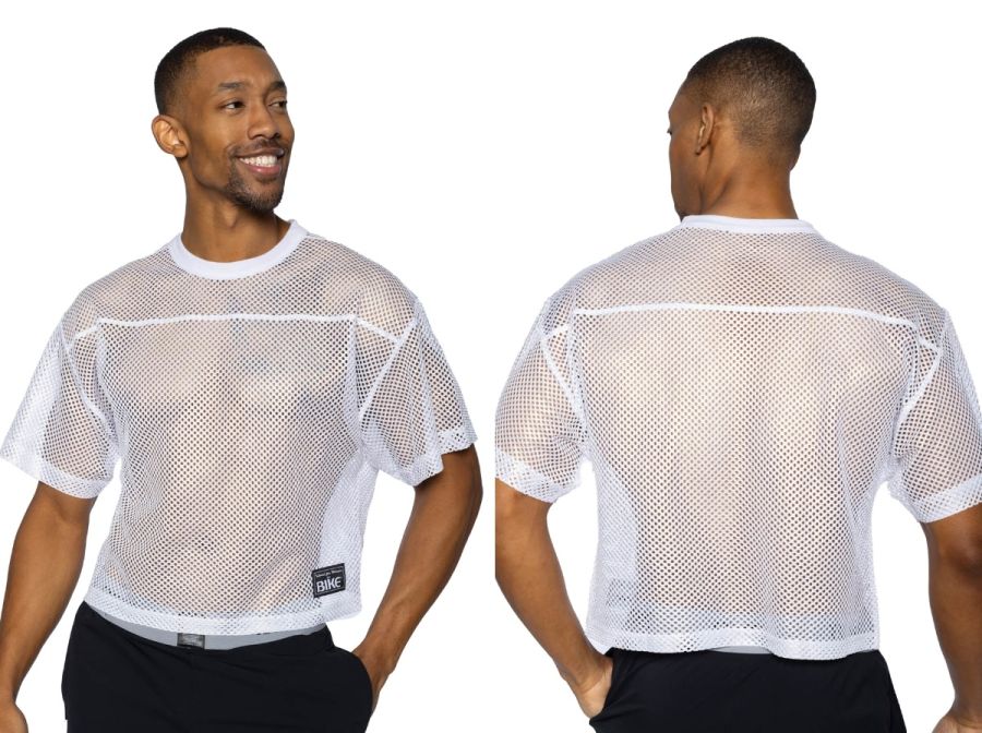 White mesh short sleeve athletic shirt with reinforced seams and black bnike tag for practice jersey use