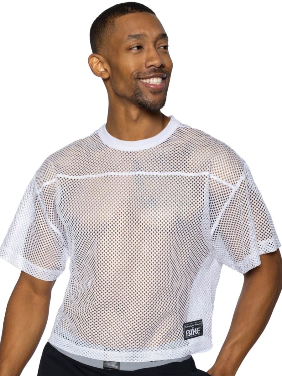 White mesh bike athletic bam134 short sleeve practice jersey with ribbed crew neckline and logo patch on front lower left side