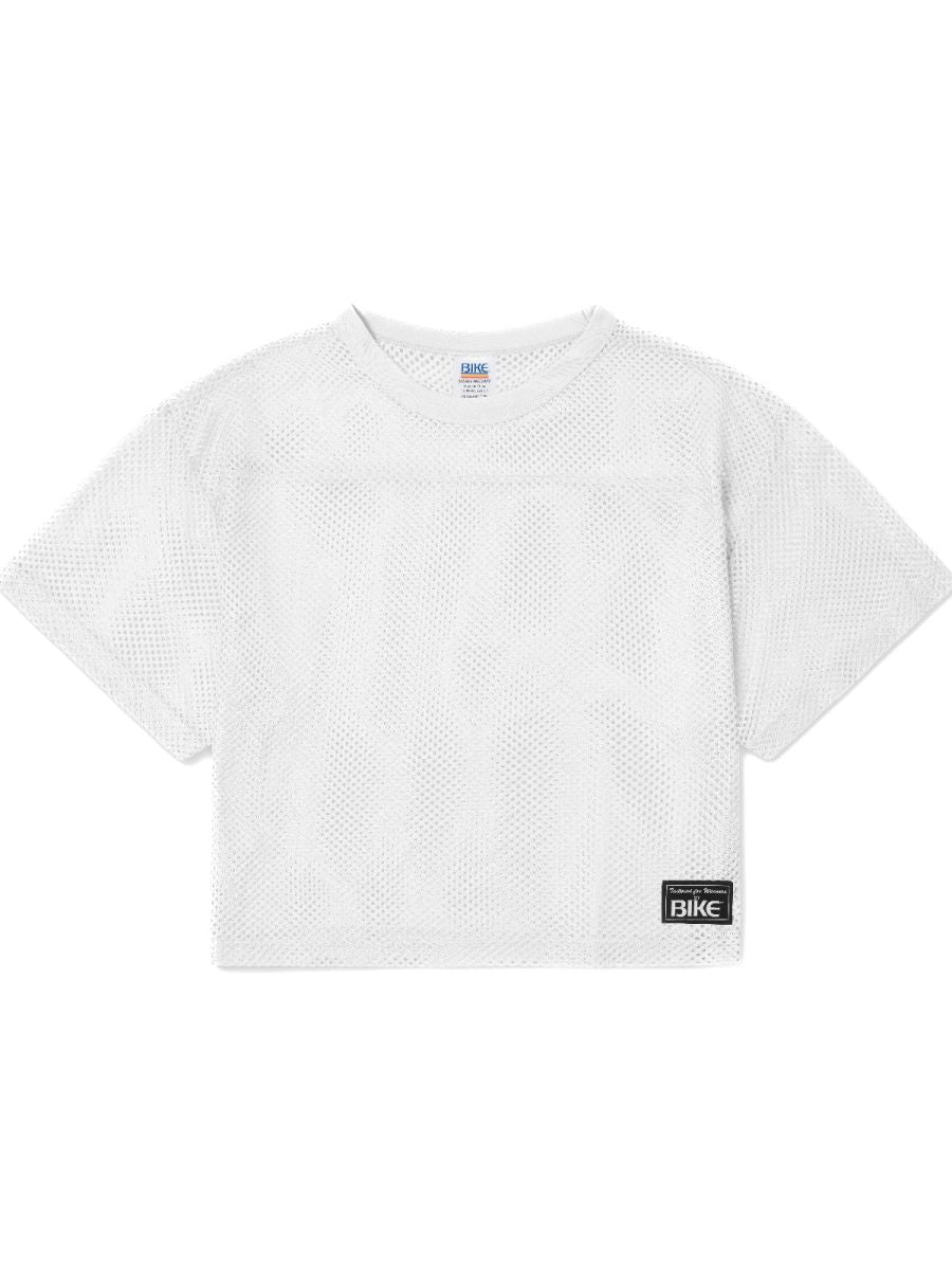White mesh crop top with subtle geometric pattern and black bike label on lower right side for athletic use