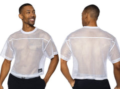 White mesh short sleeve athletic shirt with reinforced seams and black bnike tag for practice jersey use