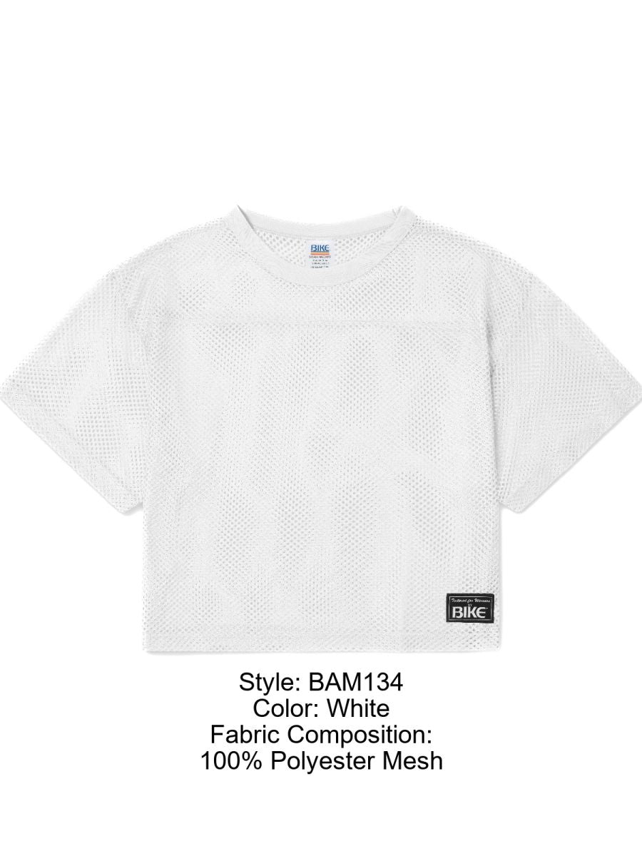White cropped mesh v-neck short sleeve practice jersey made of 100 percent polyester for athletic use