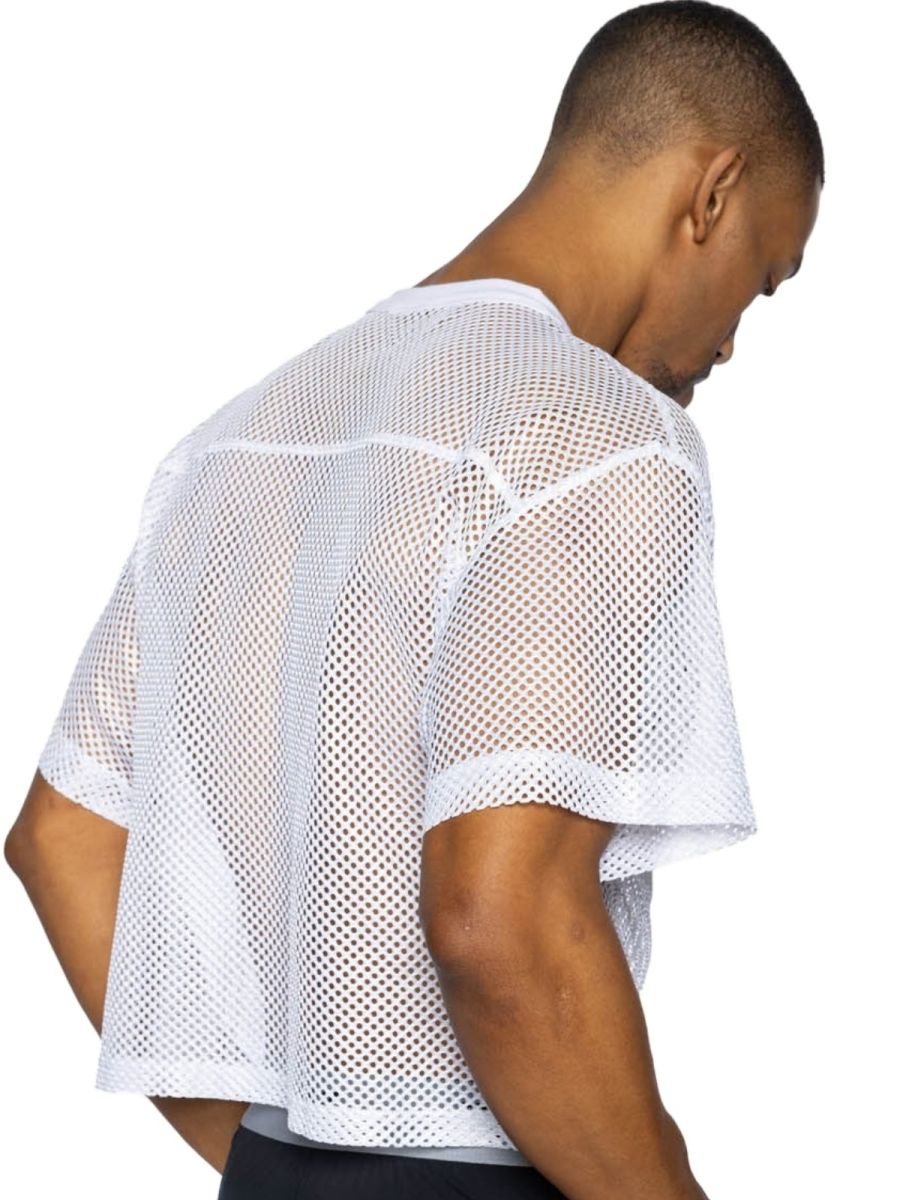 White mesh bike athletic short sleeve practice jersey with crew neckline and breathable fabric