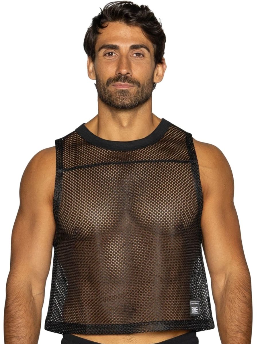 Black mesh crop top with solid black ribbed neckline and hem from BIKE athletic BAM135 sleeveless practice jersey