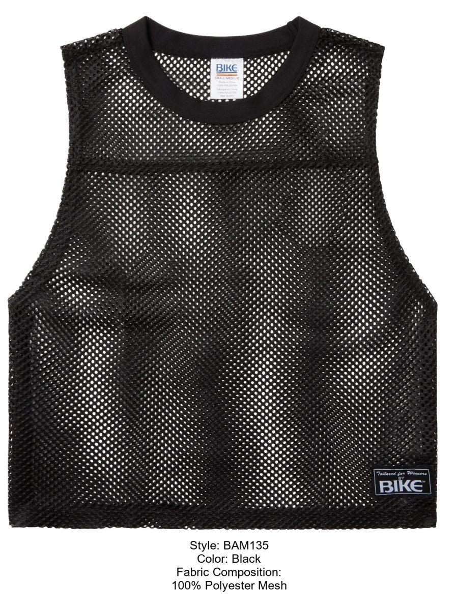 Black sleeveless mesh practice jersey made of 100 percent polyester with crew neck and bike branding