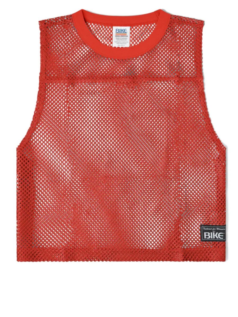 Red mesh sleeveless practice jersey with ribbed neckline and branded labels by BIKE Athletic in red color