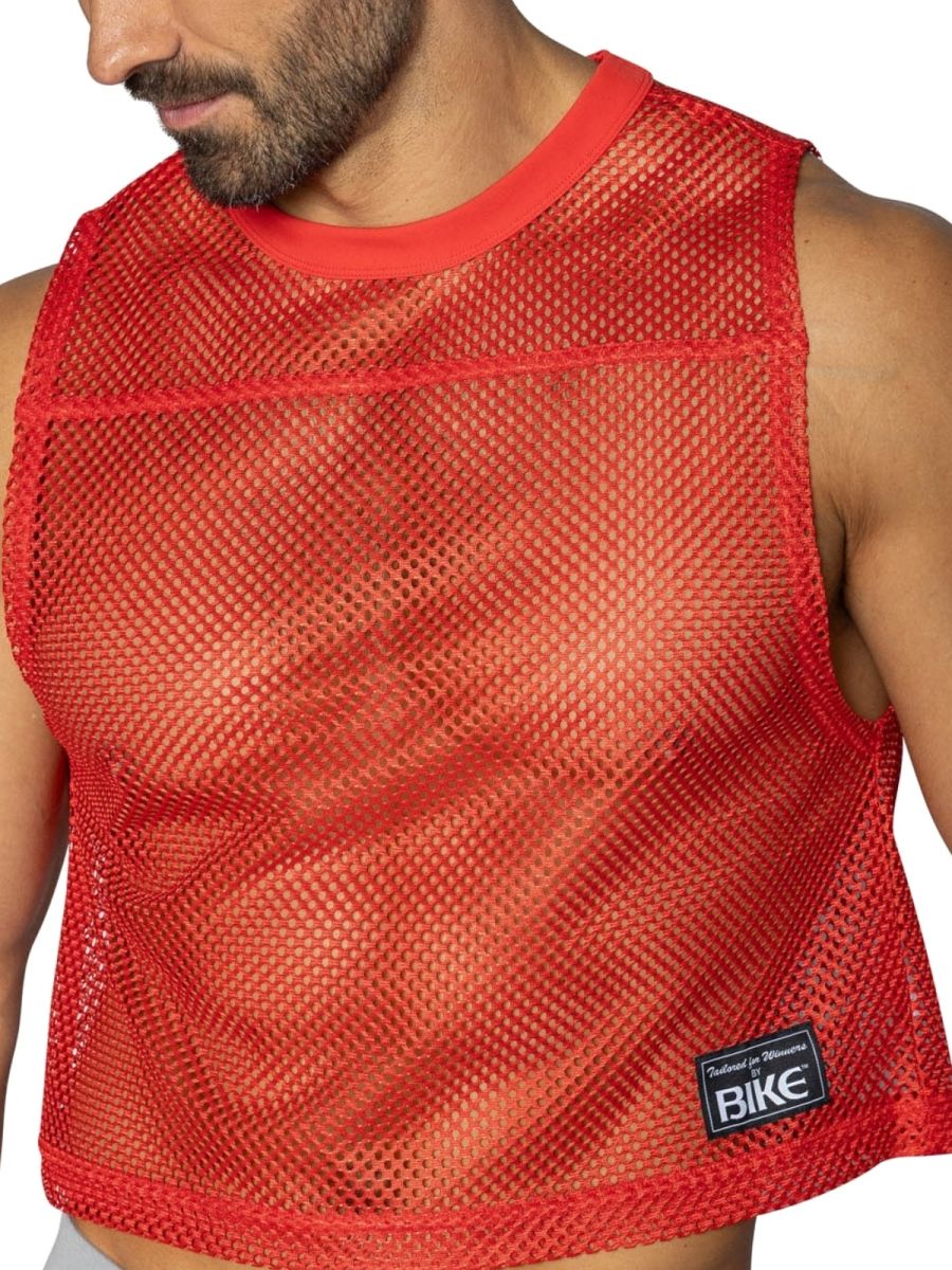 Bike athletic bam135 sleeveless practice jersey in red mesh with solid red ribbed neckline and hem