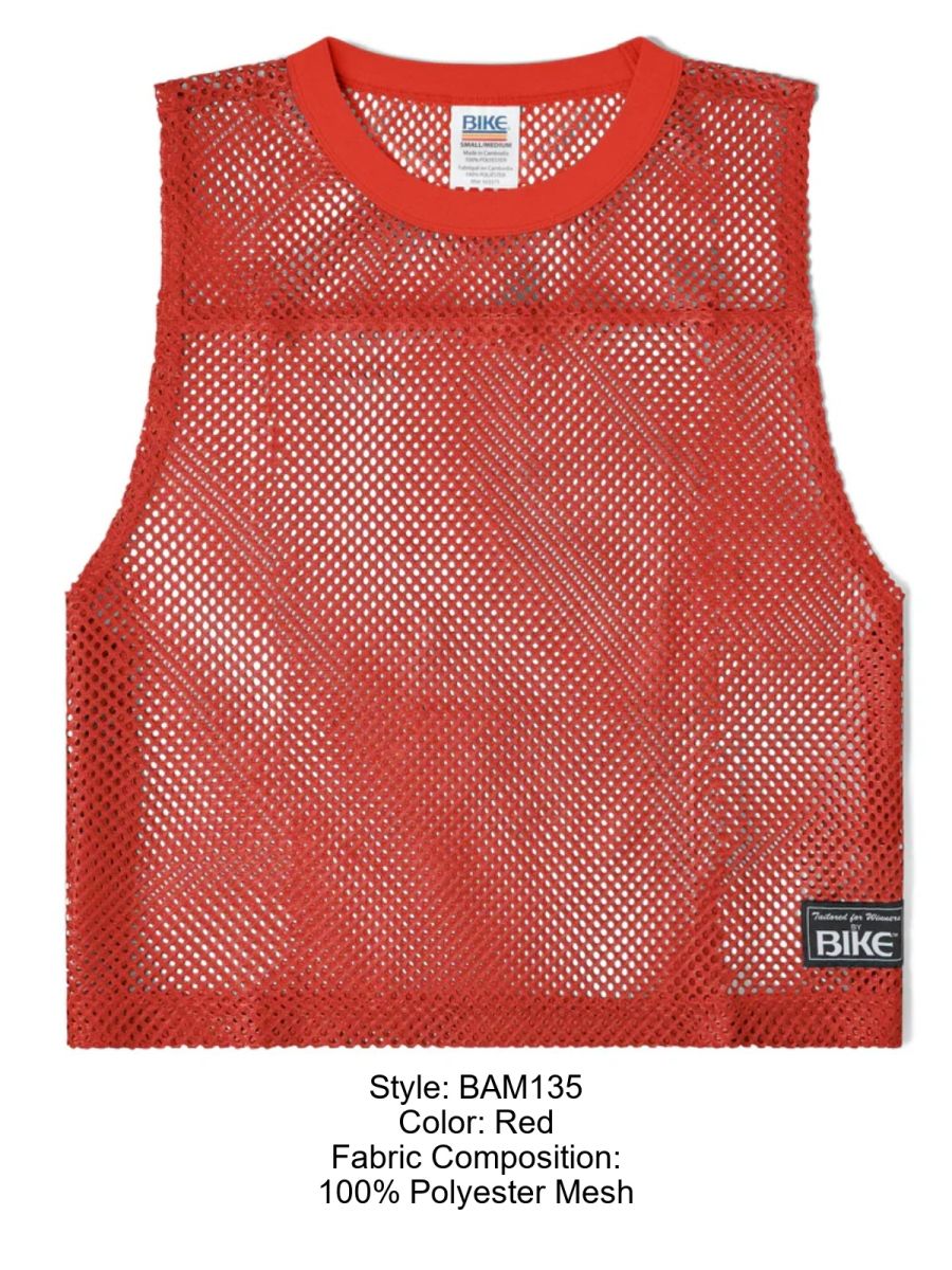 Red sleeveless polyester mesh BIKE Athletic BAM135 practice jersey with rounded neckline and black brand tag on lower right side
