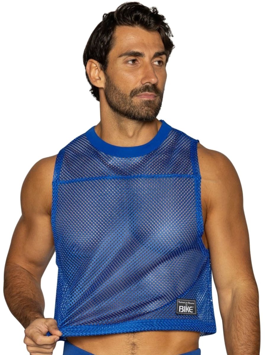 Blue mesh sleeveless practice jersey with solid ribbed neckline and hem in vibrant royal blue by BIKE Athletic