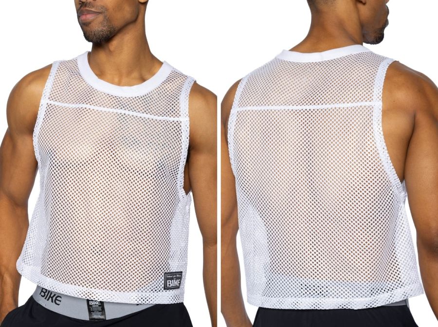 White mesh sleeveless practice jersey with round neckline and hemmed edges for bike athletic performance