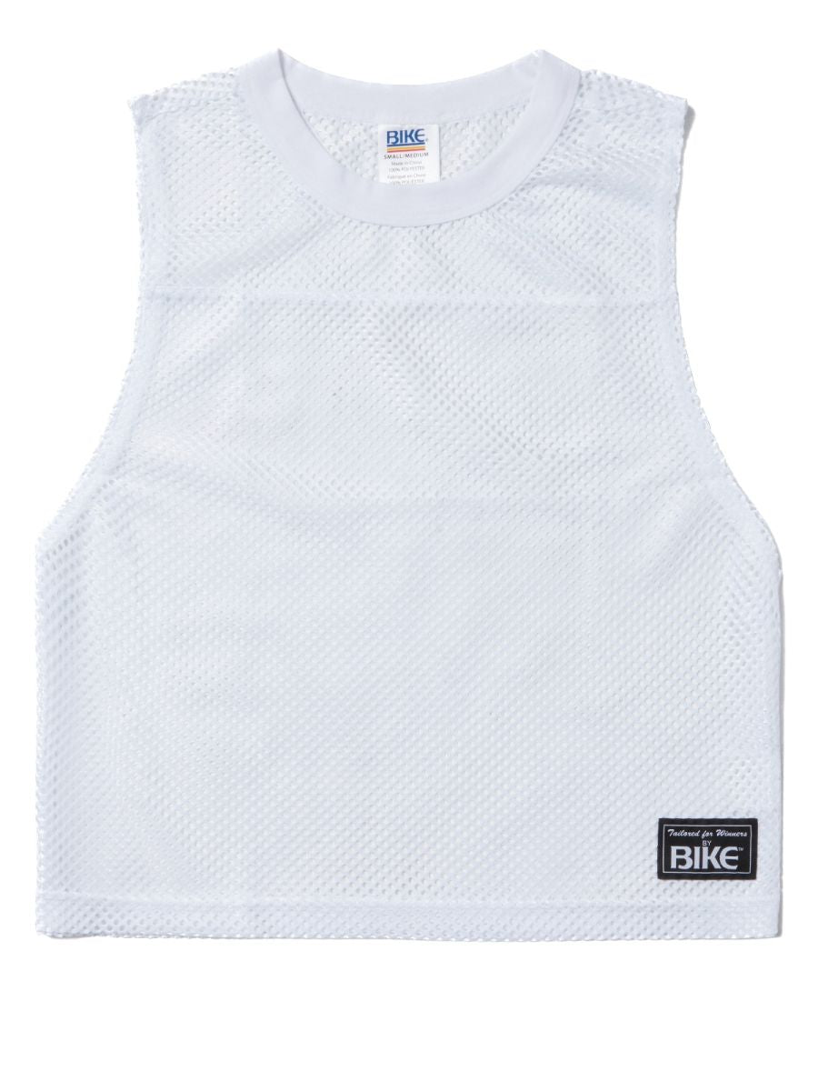 White mesh sleeveless athletic top with crew neck and black bike brand label on lower right side for performance use