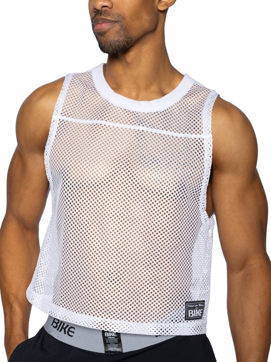 White mesh tank top with round neckline and reinforced trim from BIKE athletic BAM135 sleeveless practice jersey in white