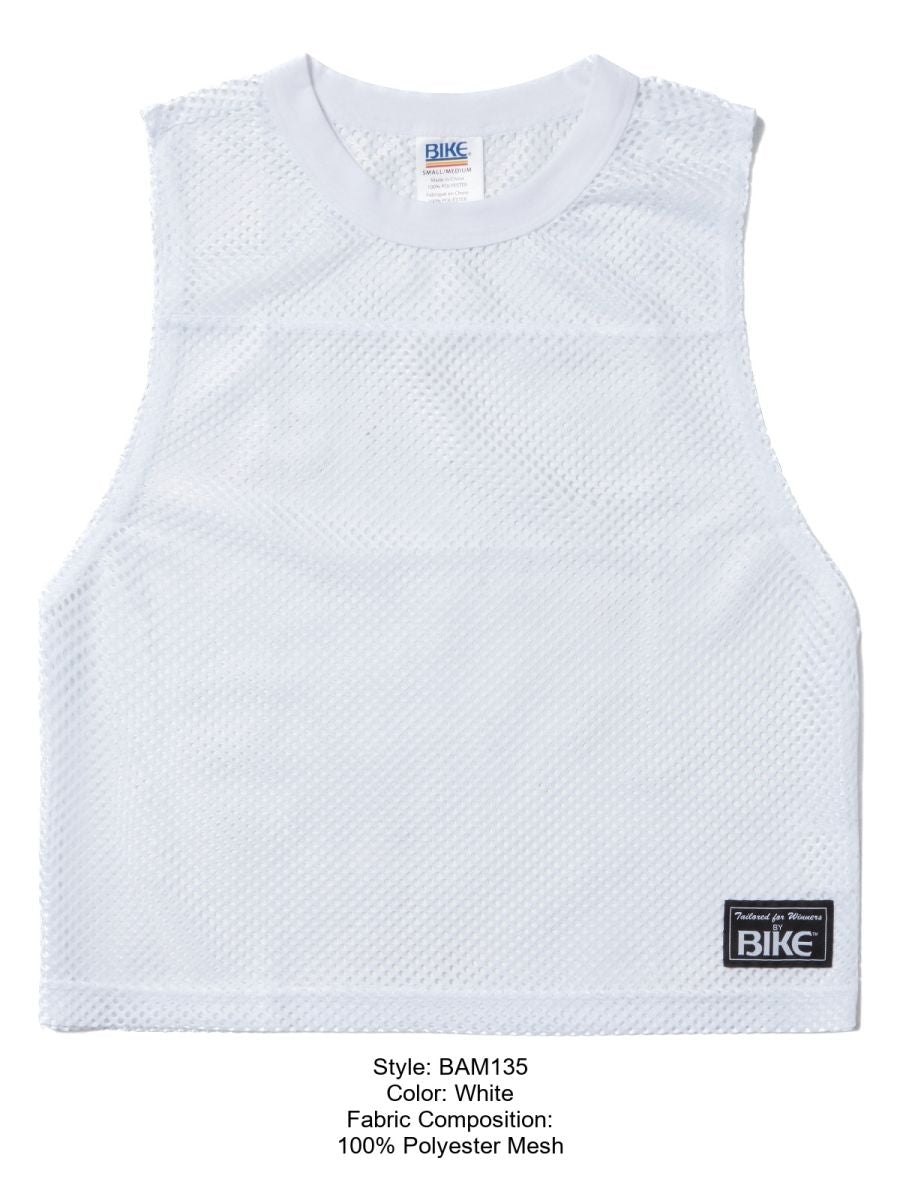 White sleeveless athletic mesh top made of 100% polyester with crew neck and branded bike label at the collar
