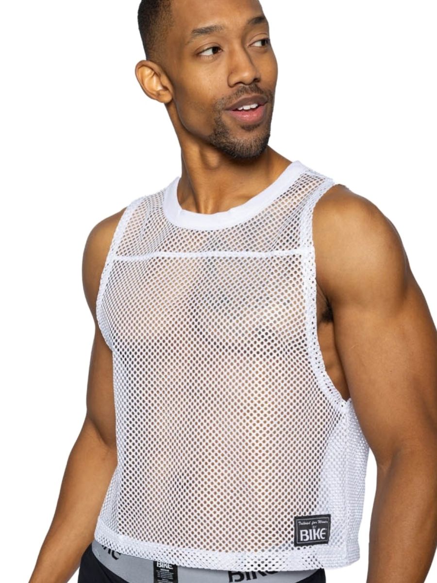 White mesh tank top with round neckline cropped hem and small black bike label on lower right side for athletic use