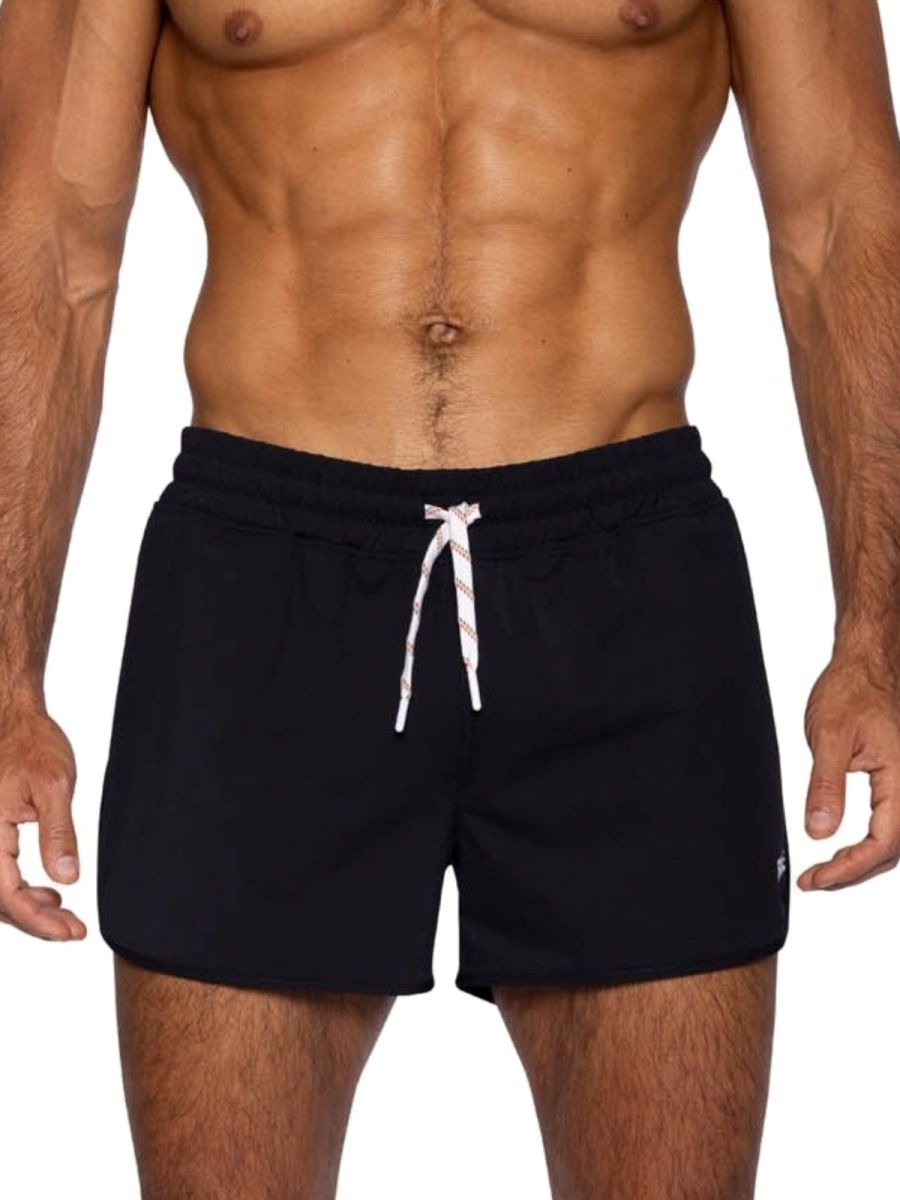 Black bike athletic BAM200 track shorts with white drawstring and subtle side logo for running and training