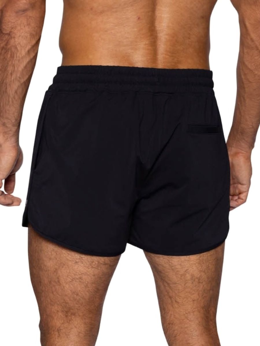 Black BIKE athletic BAM200 track shorts shown from the back with an elastic waistband and a small rear pocket