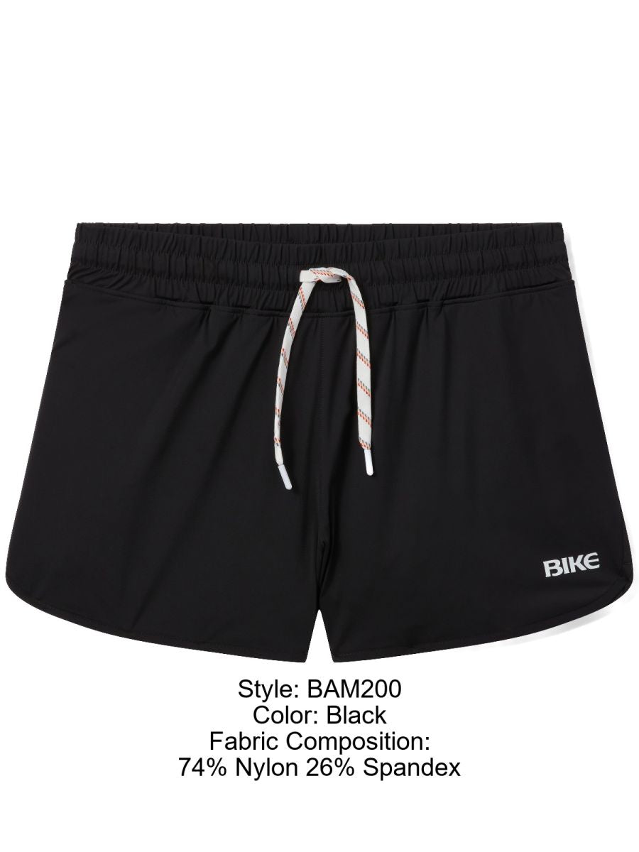 Black bike athletic bam200 track shorts with elastic waistband and white red striped drawstring and logo on right leg