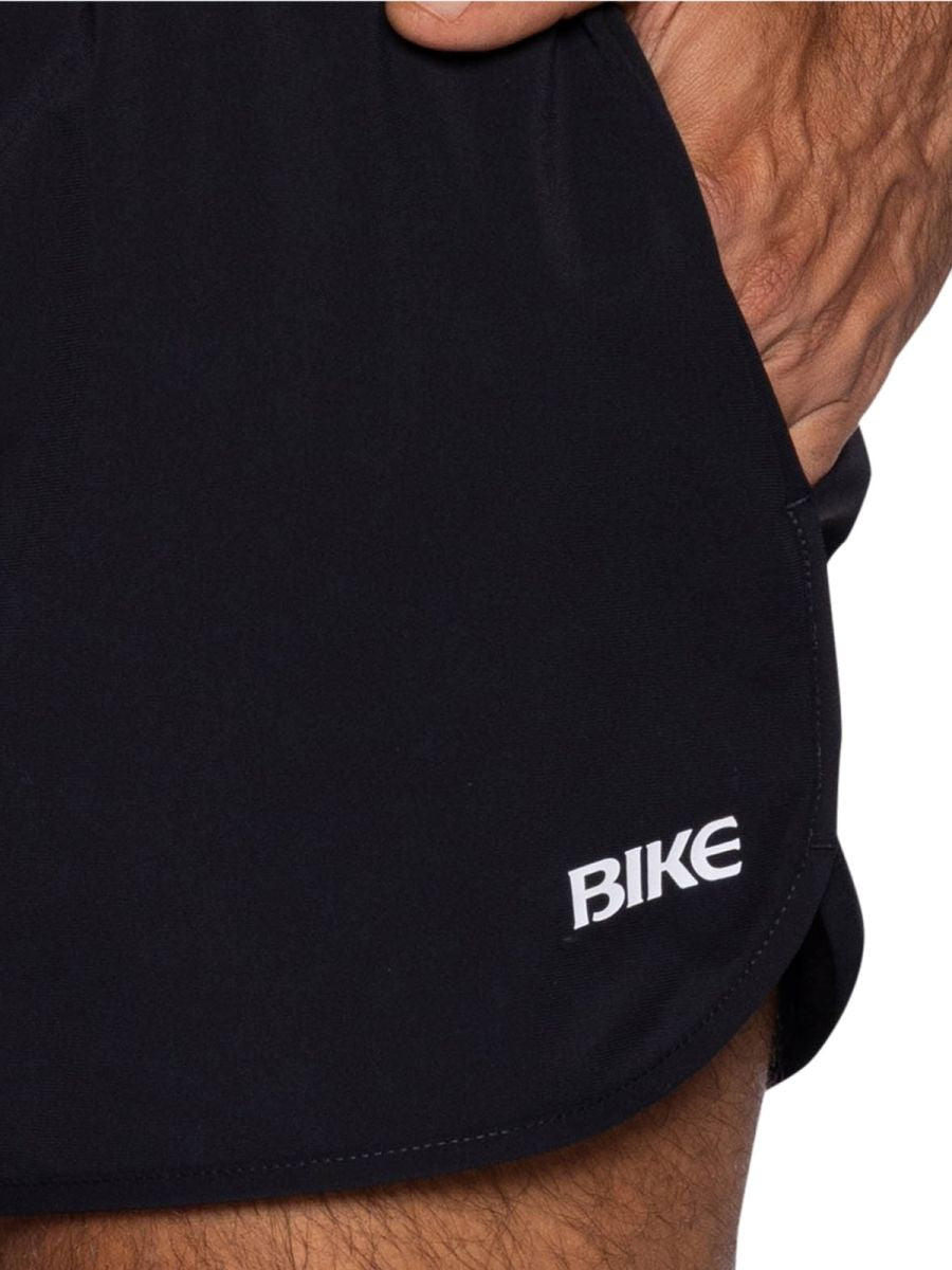 Black bike athletic bam200 track shorts with white bike logo embroidered on the lower side