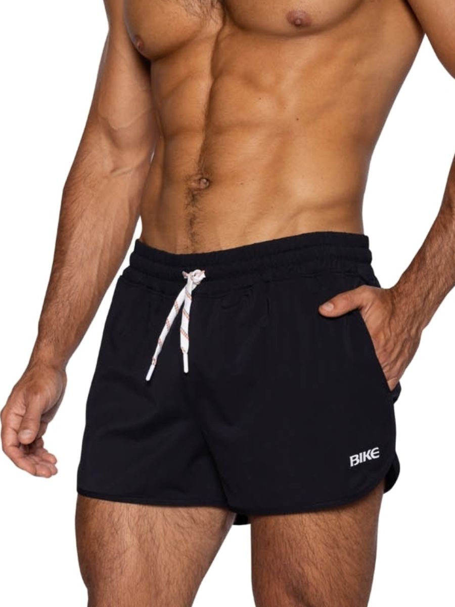 Black bike athletic bam200 track shorts with white drawstring and small logo on the side for sports use