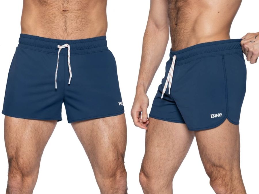 Navy blue bike athletic bam200 track shorts with white drawstring and bike logo ideal for sports and workouts