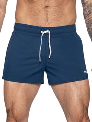 Navy blue BIKE athletic BAM200 track shorts with white drawstring and small side logo for active wear