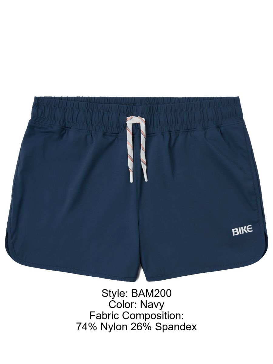 Navy blue bike athletic bam200 track shorts with drawstring waistband and white logo for activewear