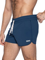 Navy blue bike athletic bam200 track shorts with white drawstring and bike logo on the side for sports use