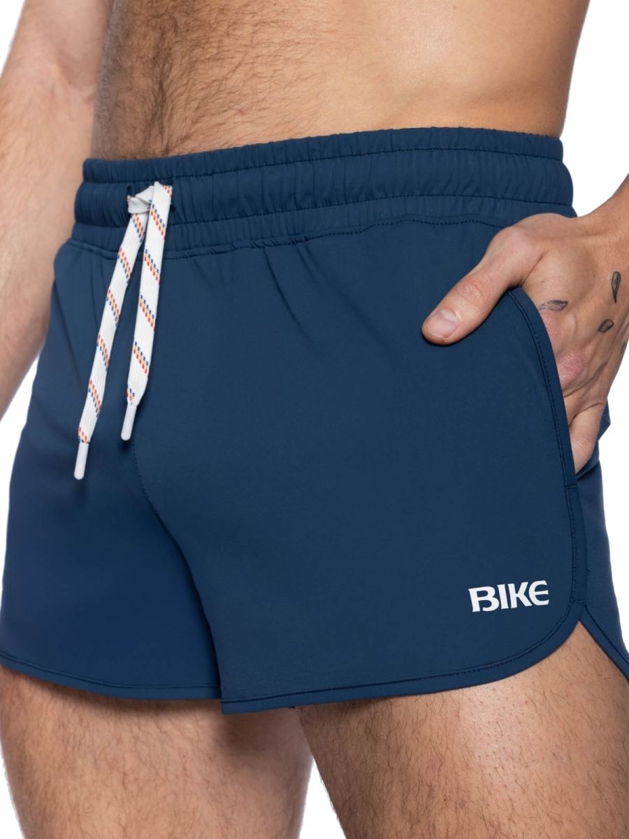 Navy blue bike athletic BAM200 track shorts with white drawstring and bike logo for versatile workout use