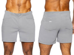 Back view of gray bike athletic bam207 coaches shorts with 5 inch inseam and subtle branding on the back pocket