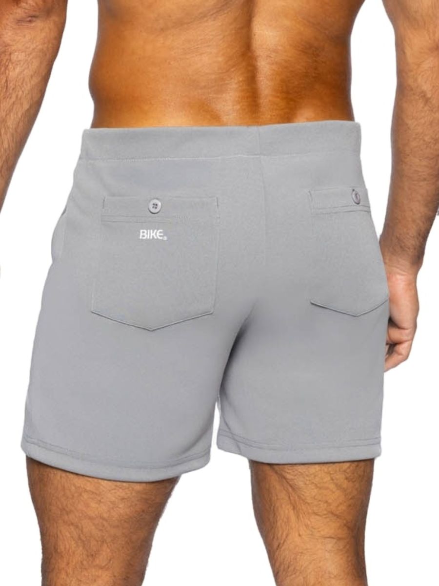 Gray BIKE athletic BAM207 coaches shorts with sleek design and two front button-closure pockets, 5 inch inseam