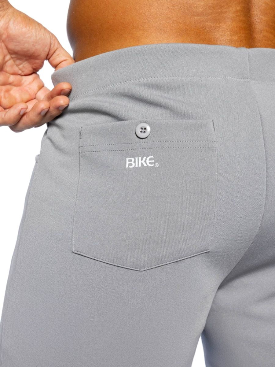 Gray bike athletic coaches short with 5 inch inseam showing back pocket and white bike logo