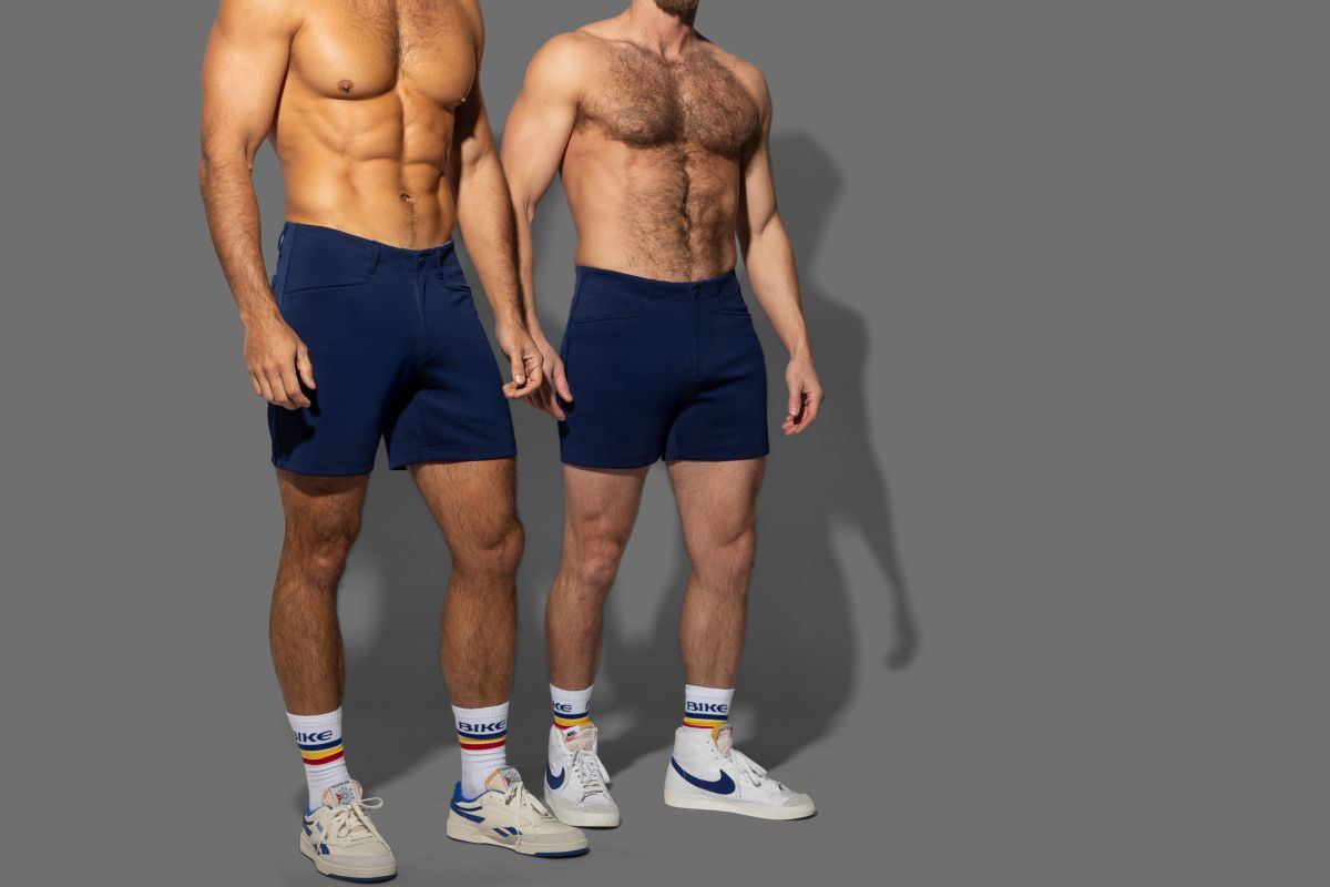 Navy blue BIKE athletic BAM207 coaches shorts with drawstring waistband and 5 inch inseam straight-cut legs