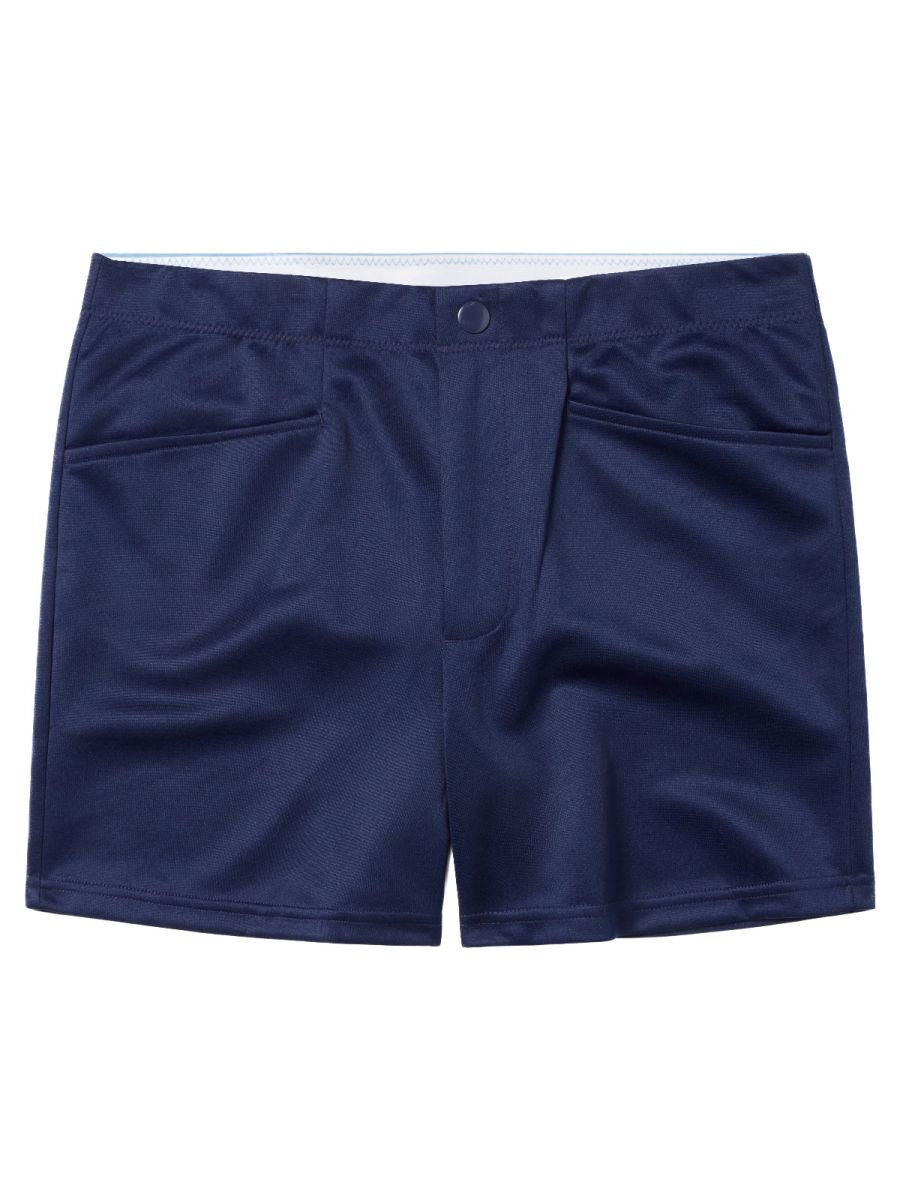 Navy blue bike athletic shorts with white waistband and two front pockets featured in bam207 coaches style