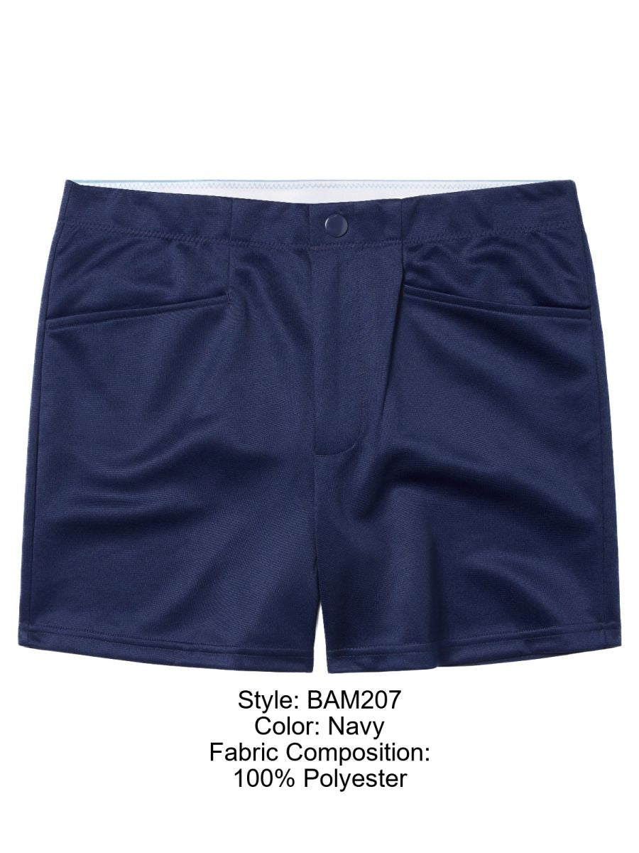 Navy blue polyester bike athletic BAM207 coaches shorts with white waistband and front pockets 5 inch inseam