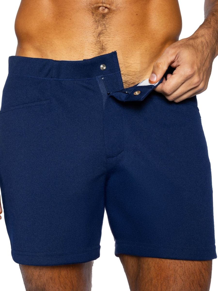Navy blue cotton bike athletic bam207 coaches shorts with buttoned fly and side pockets 5 inch inseam