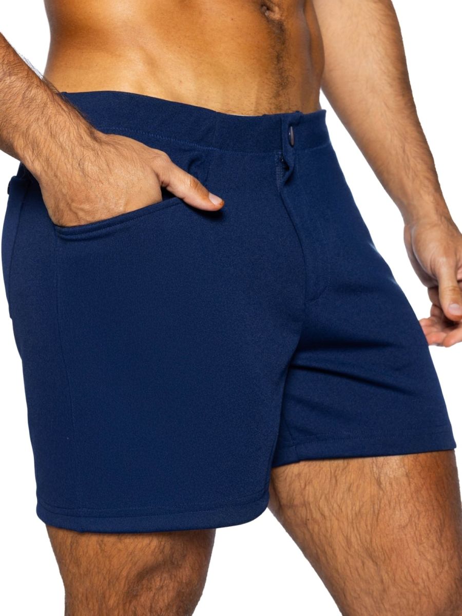 Navy blue BIKE athletic BAM207 coaches shorts with 5 inch inseam, drawstring waistband, and side pockets
