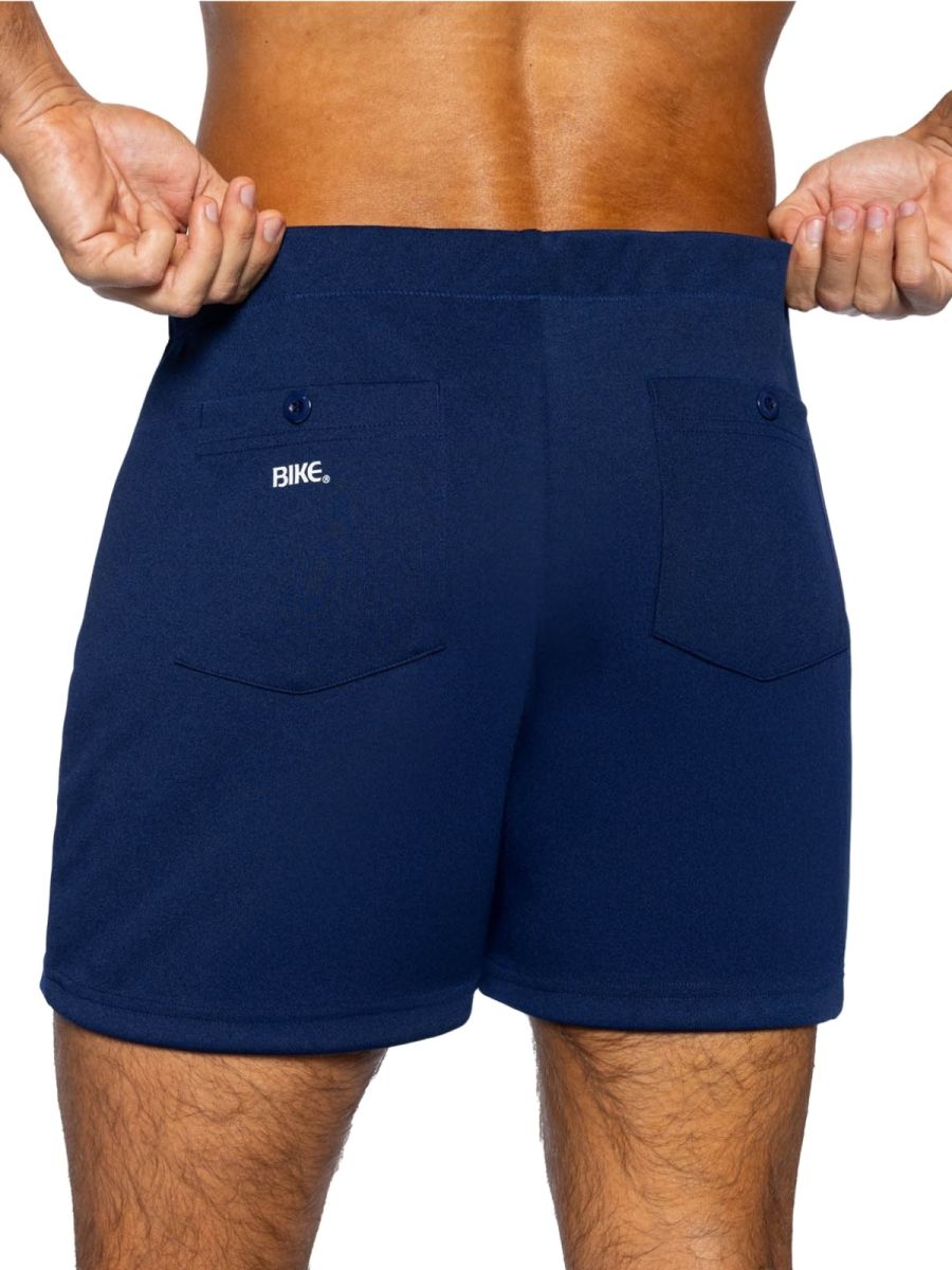 Navy blue bike athletic bam207 coaches shorts with two back pockets and small white bike logo on left pocket back view