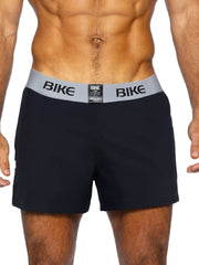 Black bike athletic BAM216 jock shorts with gray waistband featuring bold bike lettering for active wear