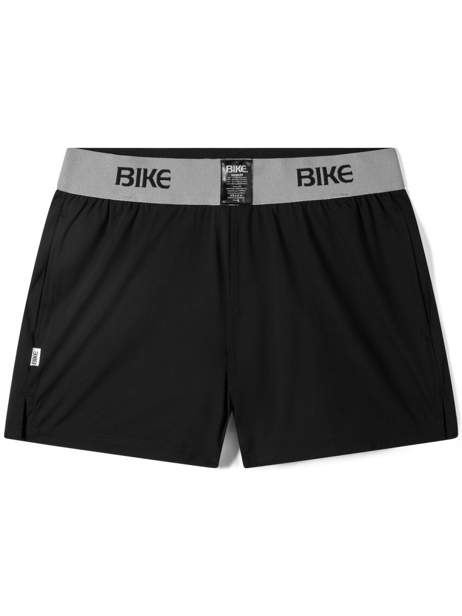 Black bike athletic bam216 jock shorts with gray waistband featuring bold bike lettering for active use