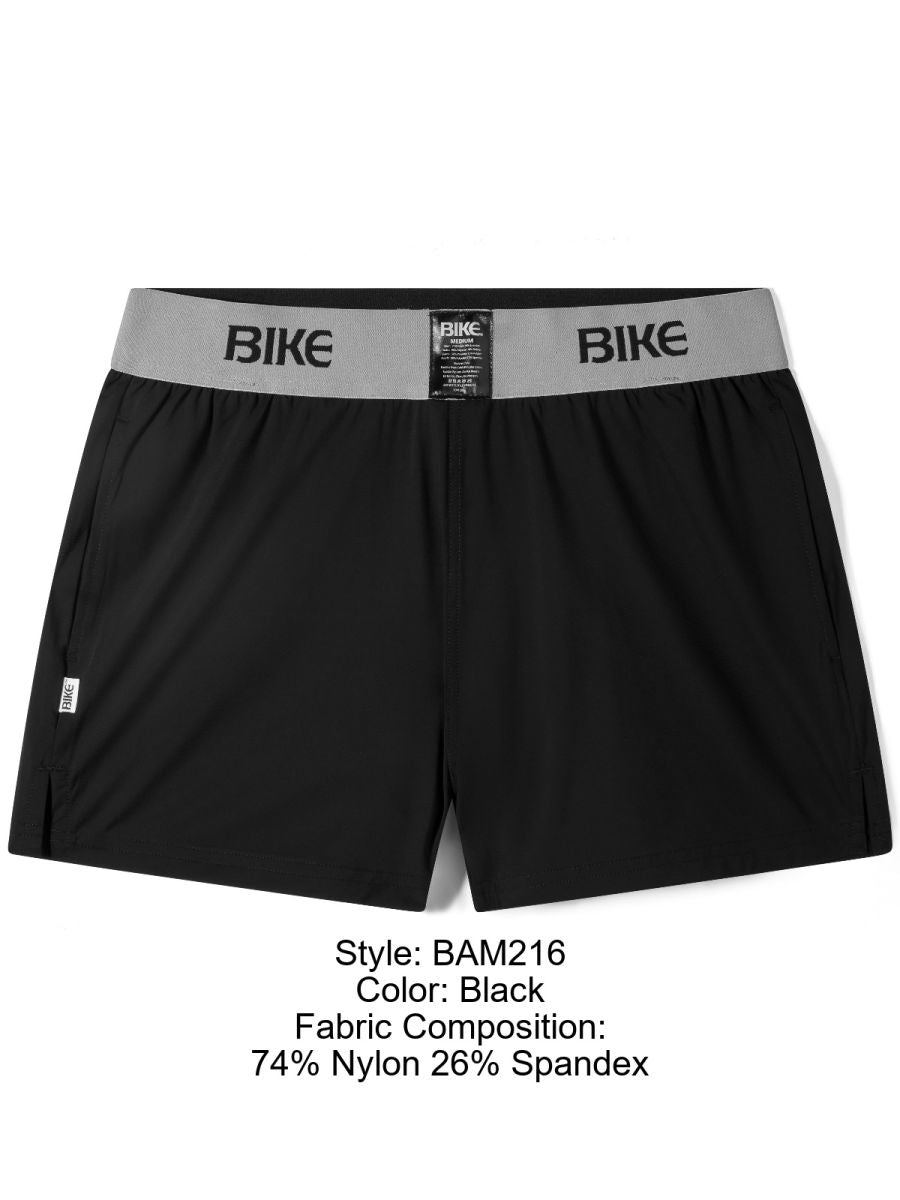 Black bike athletic bam216 jock shorts with gray waistband made of 74% nylon and 26% spandex