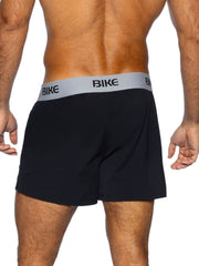 Black bike athletic BAM216 jock shorts with gray waistband featuring bold black bike lettering for sporty use