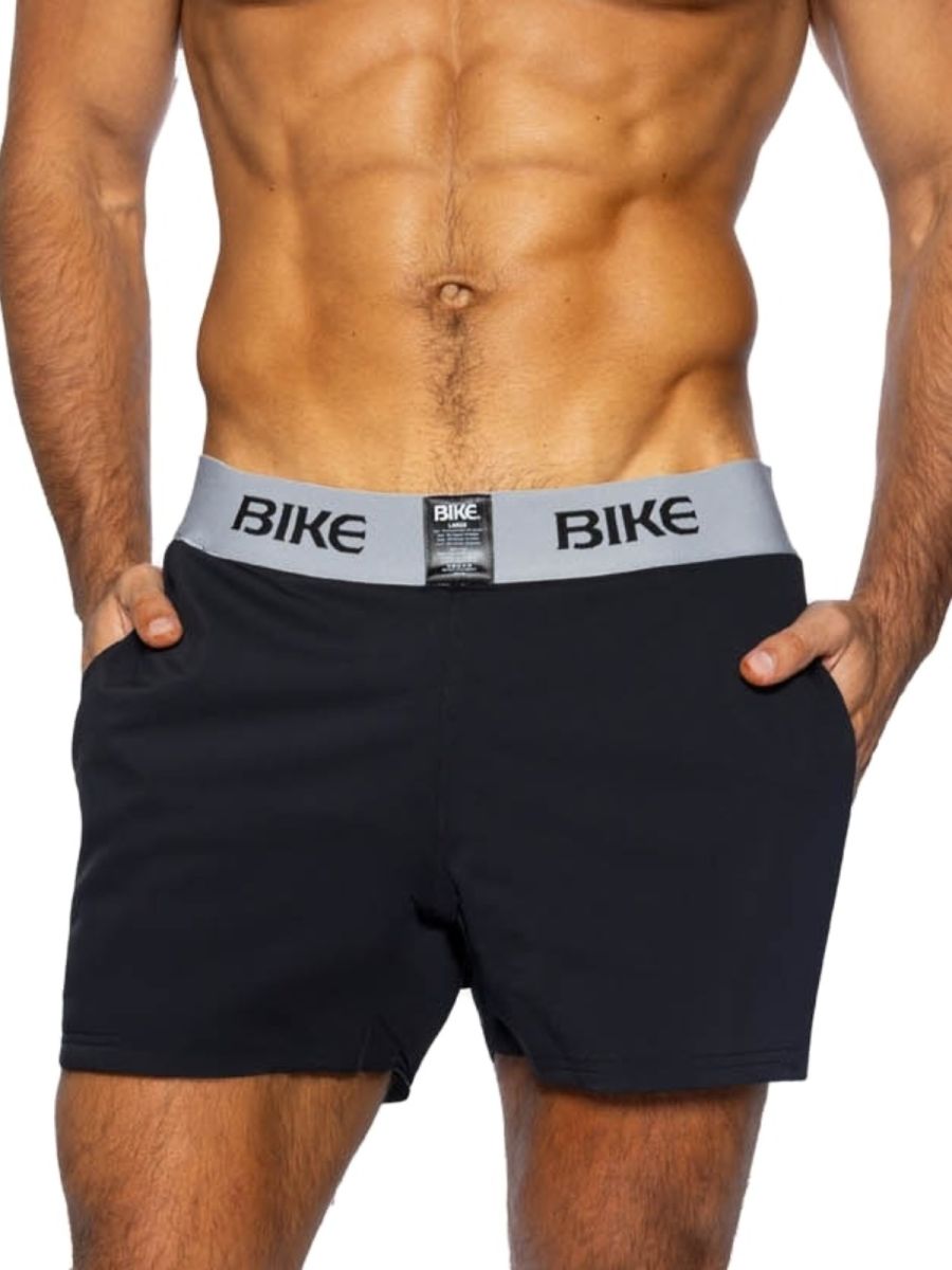 Black men’s boxer briefs with a gray waistband featuring bike logo in bold black letters from BIKE athletic BAM216 series