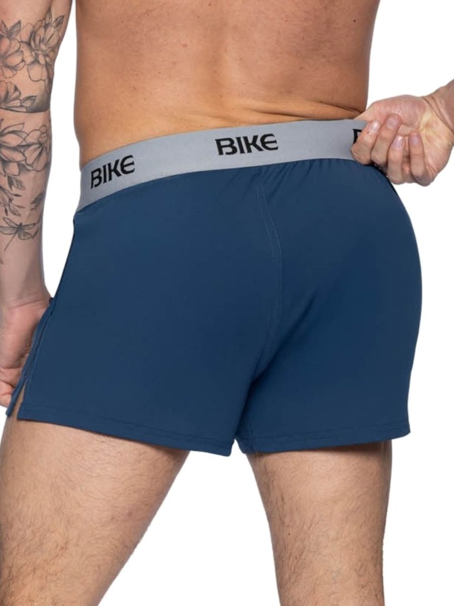Navy bike athletic bam216 performance men’s boxer briefs with gray waistband and black bike lettering visible