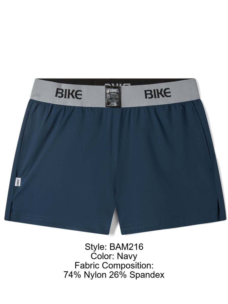Navy bike athletic bam216 performance jock shorts with gray elastic waistband and black bike logo on front